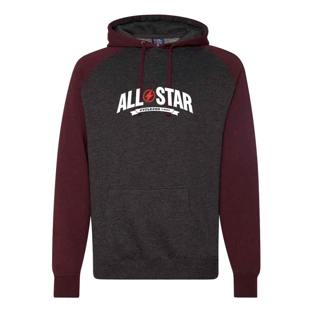 CycleZoo E-Bikes ALL*STAR Classic Raglan Hooded Pullover Sweatshirt Charcoal Heather/Burgundy Heather